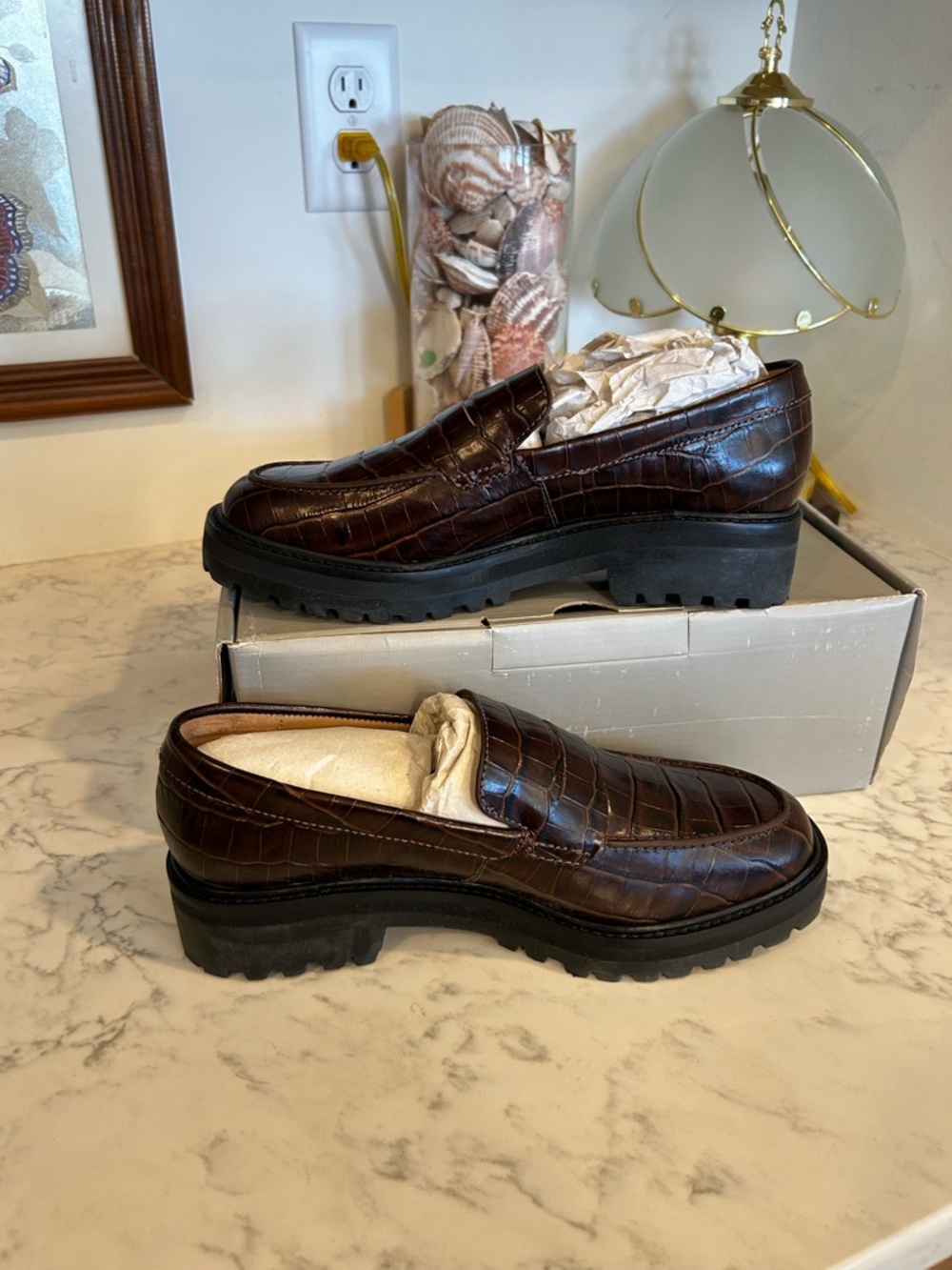 NWT Everlane The Lug Loafer in‎ Brown Crocodile Lugged Sole Leather Shoe 8.5